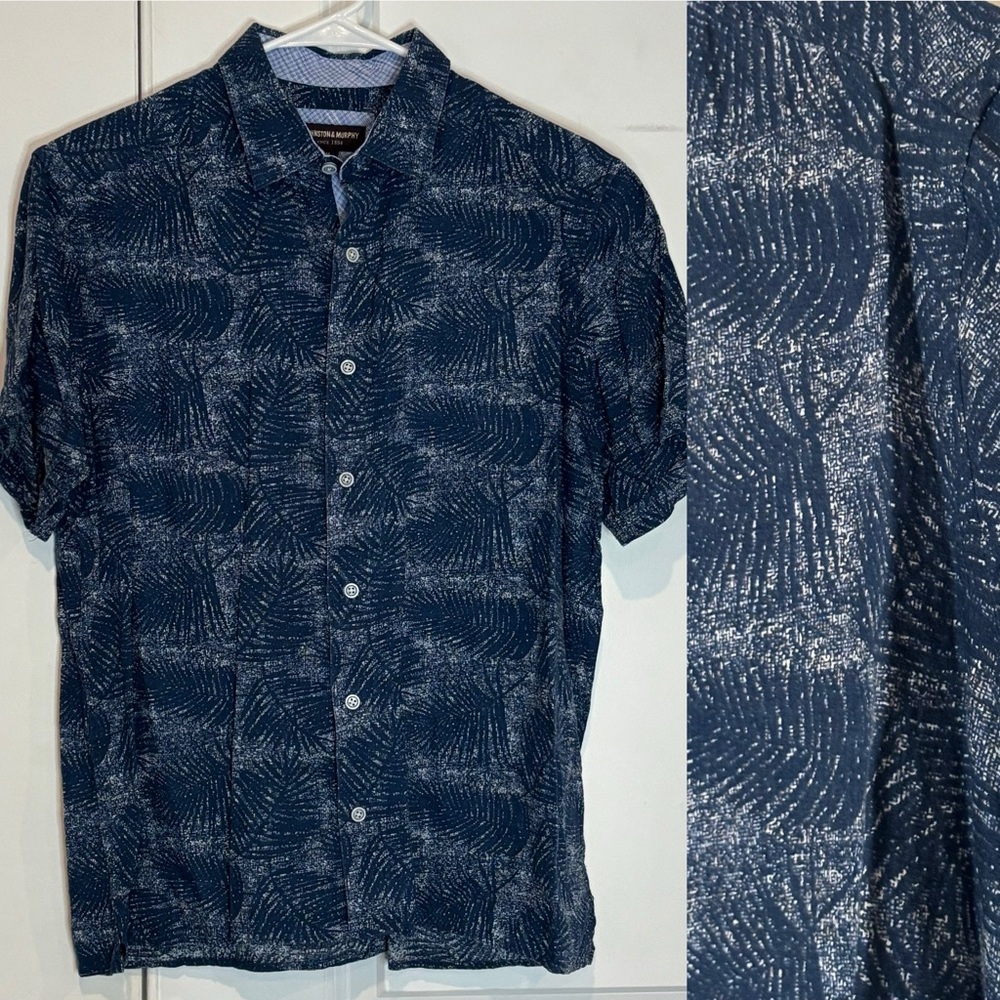 Johnston & Murphy Blue Palm Print Linen Short Sleeve Button Front Shirt M